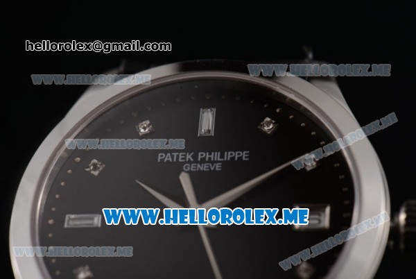 Patek Philippe Calatrava Miyota 9015 Automatic Steel Case with Black Dial Black Leather Strap and Diamonds Markers - Click Image to Close